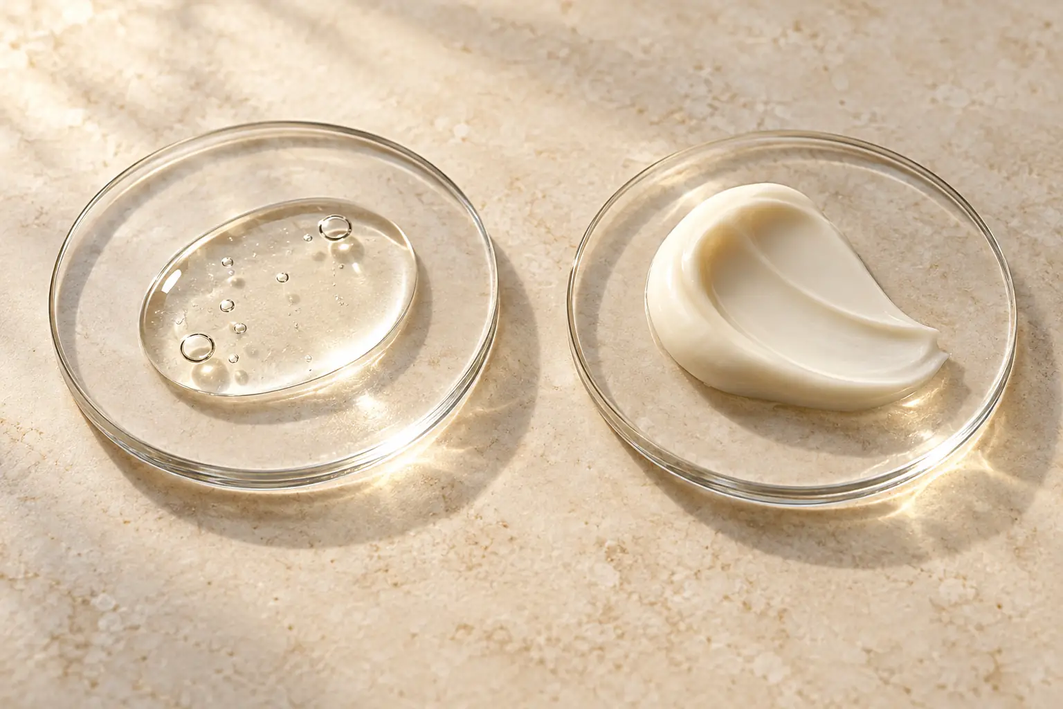 Translucent serum droplet beside a satin ivory cream swatch on clear glass.