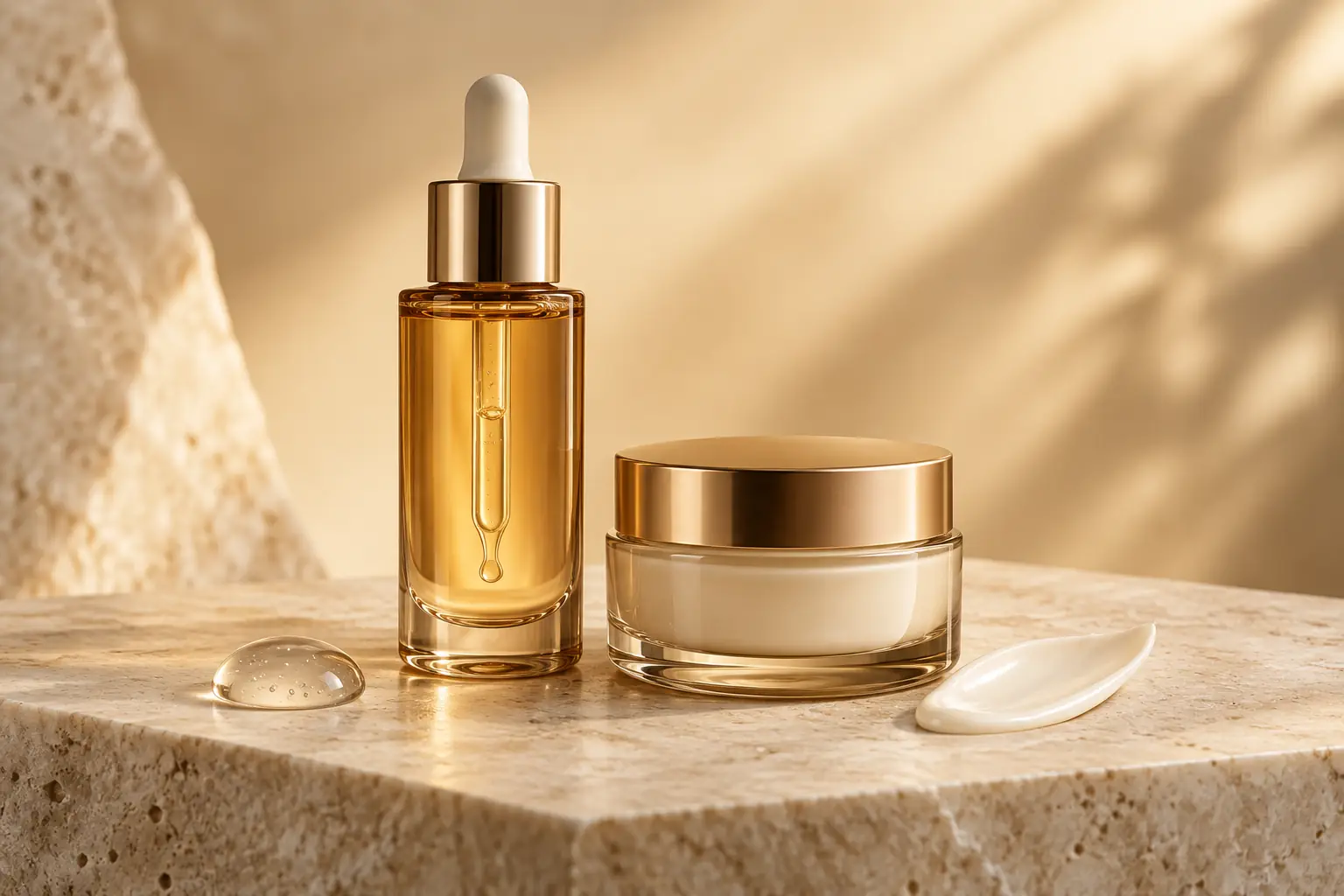 Minimal unbranded serum bottle and cream jar arranged together on warm ivory stone.