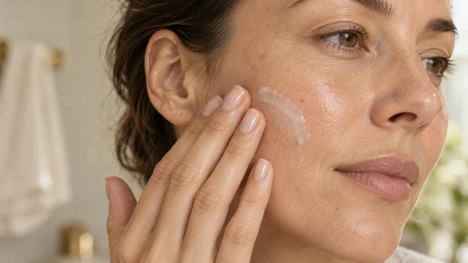 Clean fingertips gently pressing and massaging a thin serum layer onto a naturally textured cheek, away from the eyes. Editorial illustration.