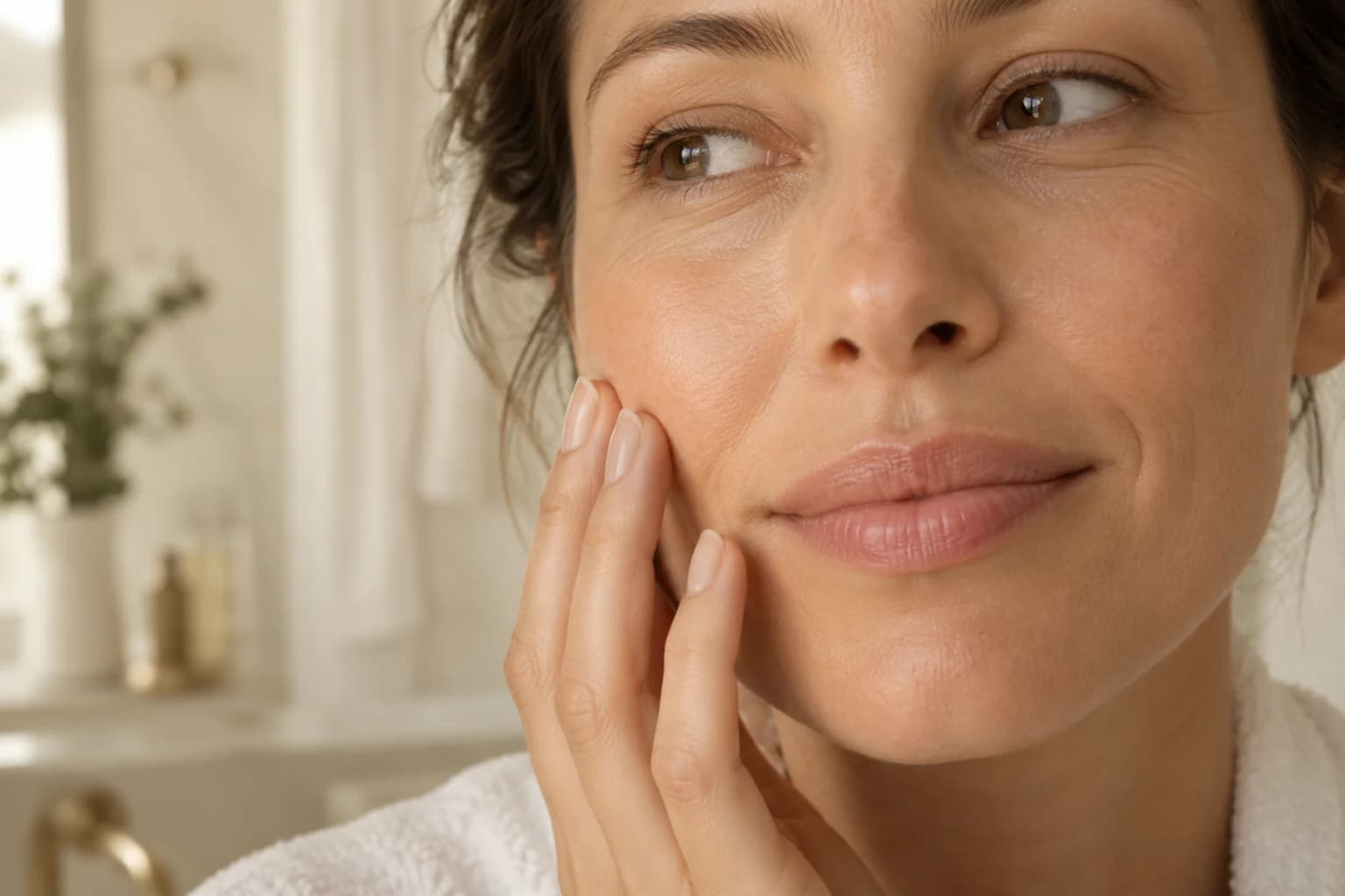 An editorial skincare moment with naturally textured skin in soft daylight; not a customer result.