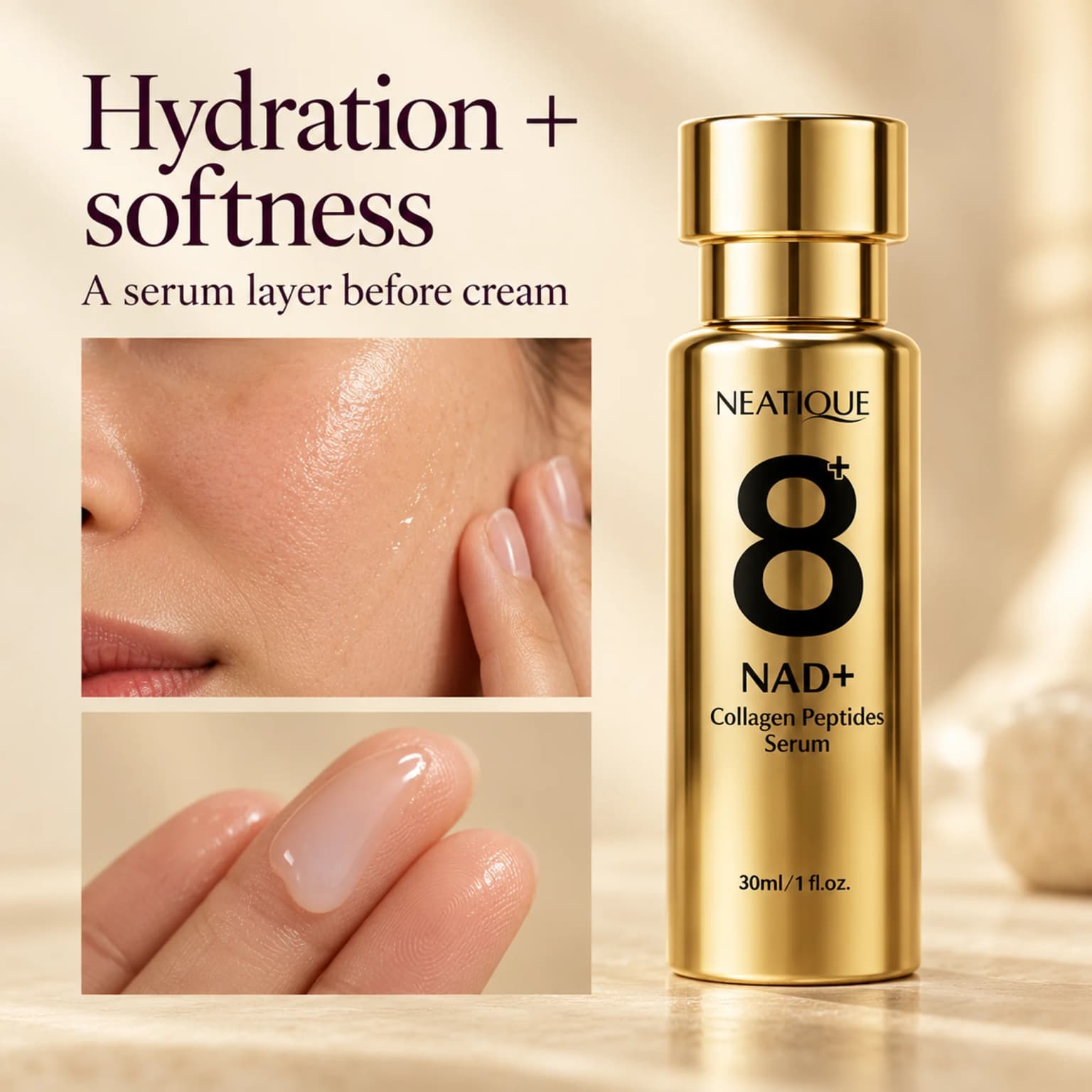 Hydration and softness: an editorial skincare scene and the current NAD+ Serum bottle. A serum layer before cream; not a customer result. thumbnail 2