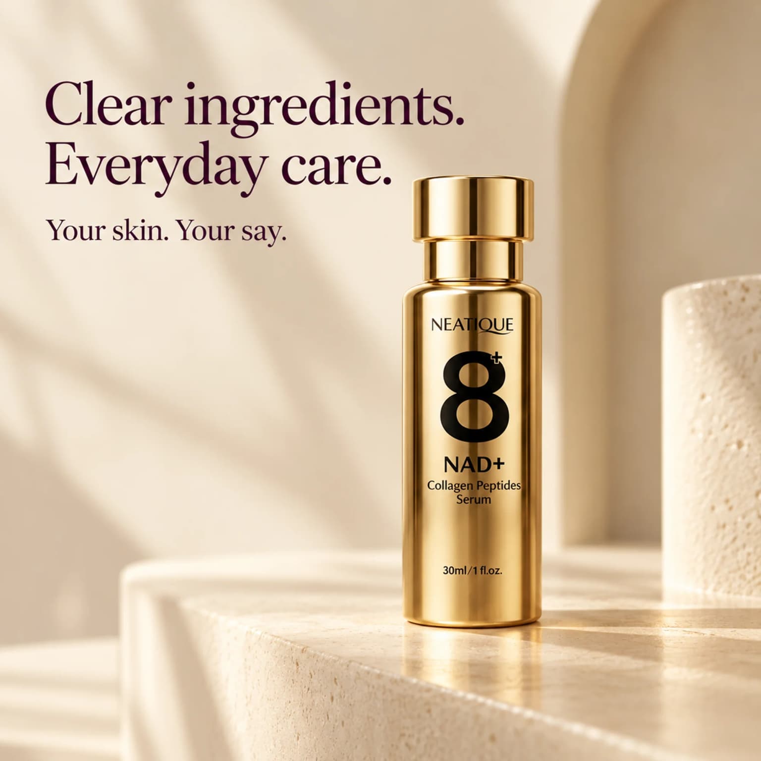 Clear ingredients, everyday care: the unchanged gold NAD+ Serum bottle in the Q-Seal editorial world. thumbnail 8