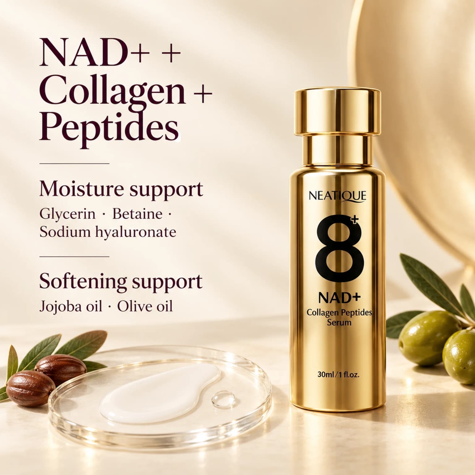 NAD+, hydrolyzed collagen and peptides, with glycerin, betaine and sodium hyaluronate for moisture support and jojoba and olive oils for softening support. thumbnail 3