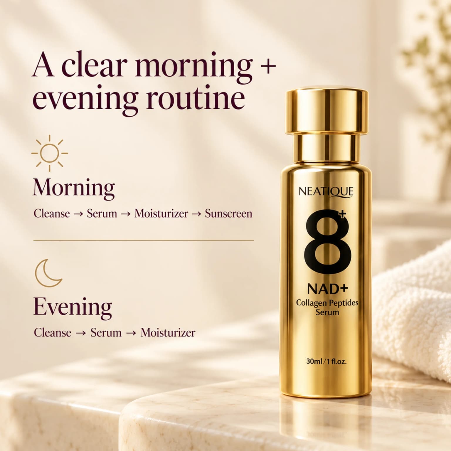 Morning: cleanse, NAD+ Serum, moisturizer, sunscreen. Evening: cleanse, NAD+ Serum, moisturizer. A matching cream is optional. thumbnail 7