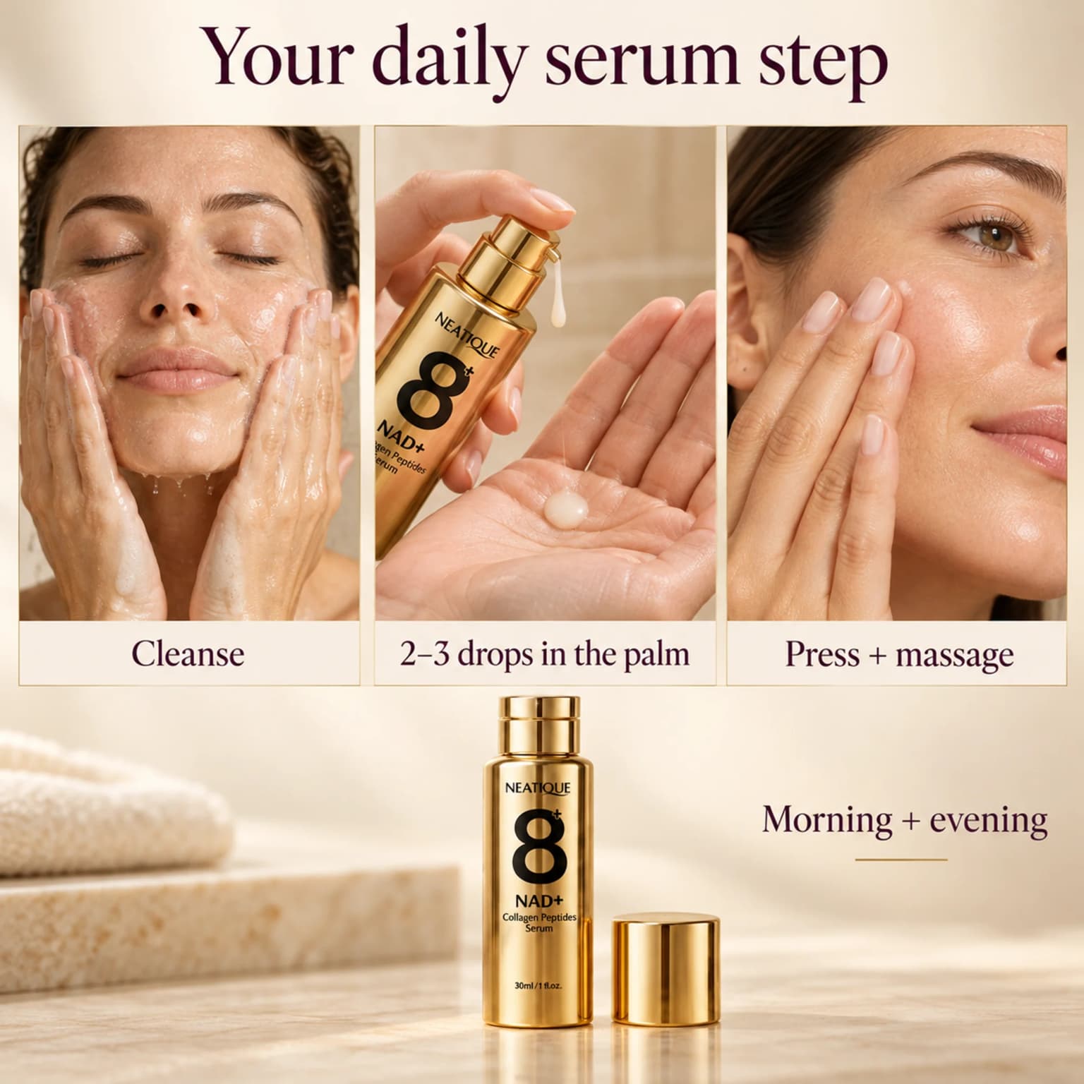 Cleanse, take the label's 2–3 drops in the palm, press gently and massage the face and neck. Morning and evening; no pump count is inferred. thumbnail 5