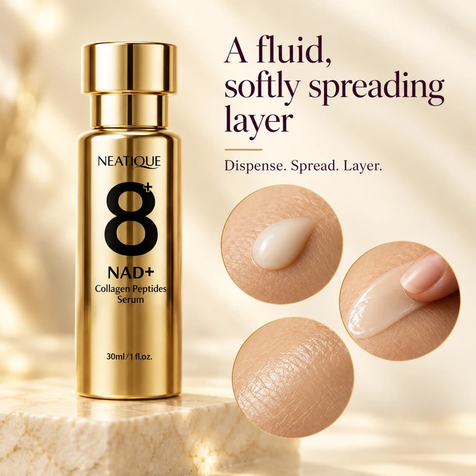 A fluid, softly spreading serum layer illustrated in three application stages. Dispense, spread, layer; not a before-and-after effectiveness comparison. thumbnail 4