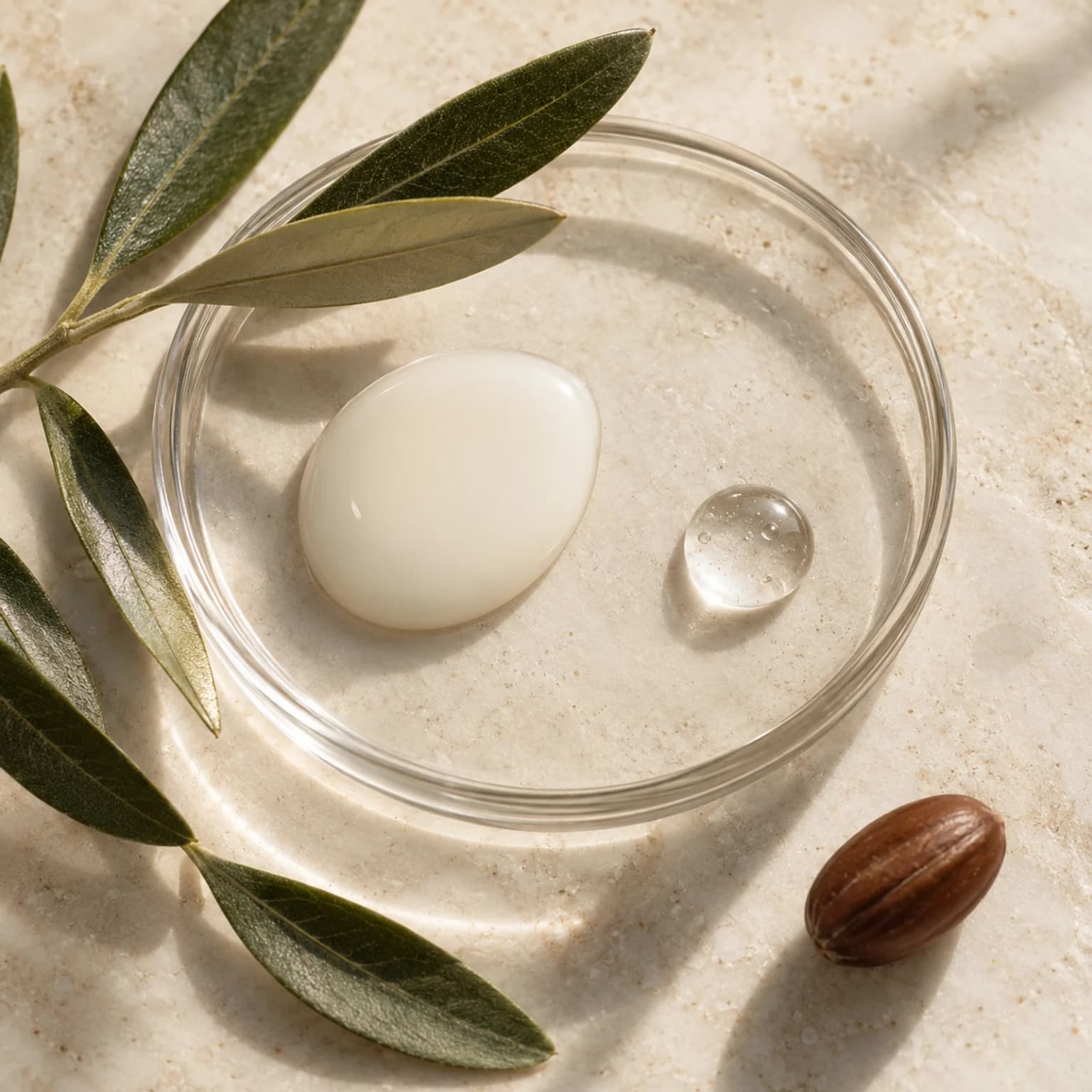Milky serum and a clear moisture drop on a glass palette with small botanical references. An abstract formula illustration, not raw active ingredients.
