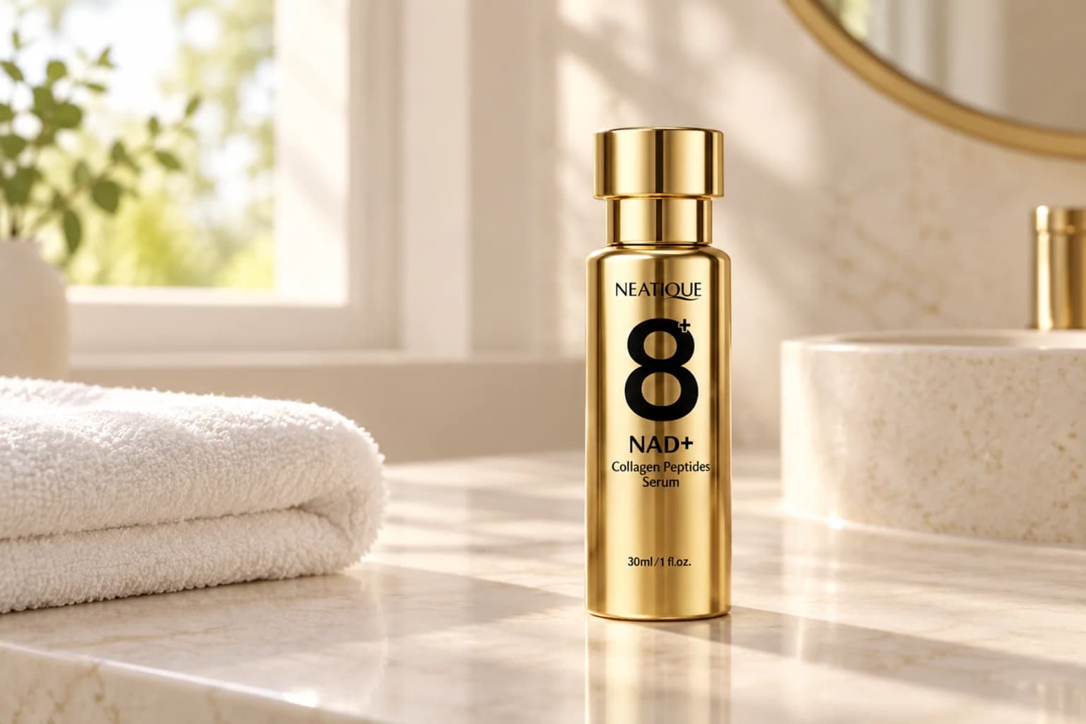 The unchanged gold NAD+ Serum bottle beside a folded towel on a quiet warm ivory bathroom counter.