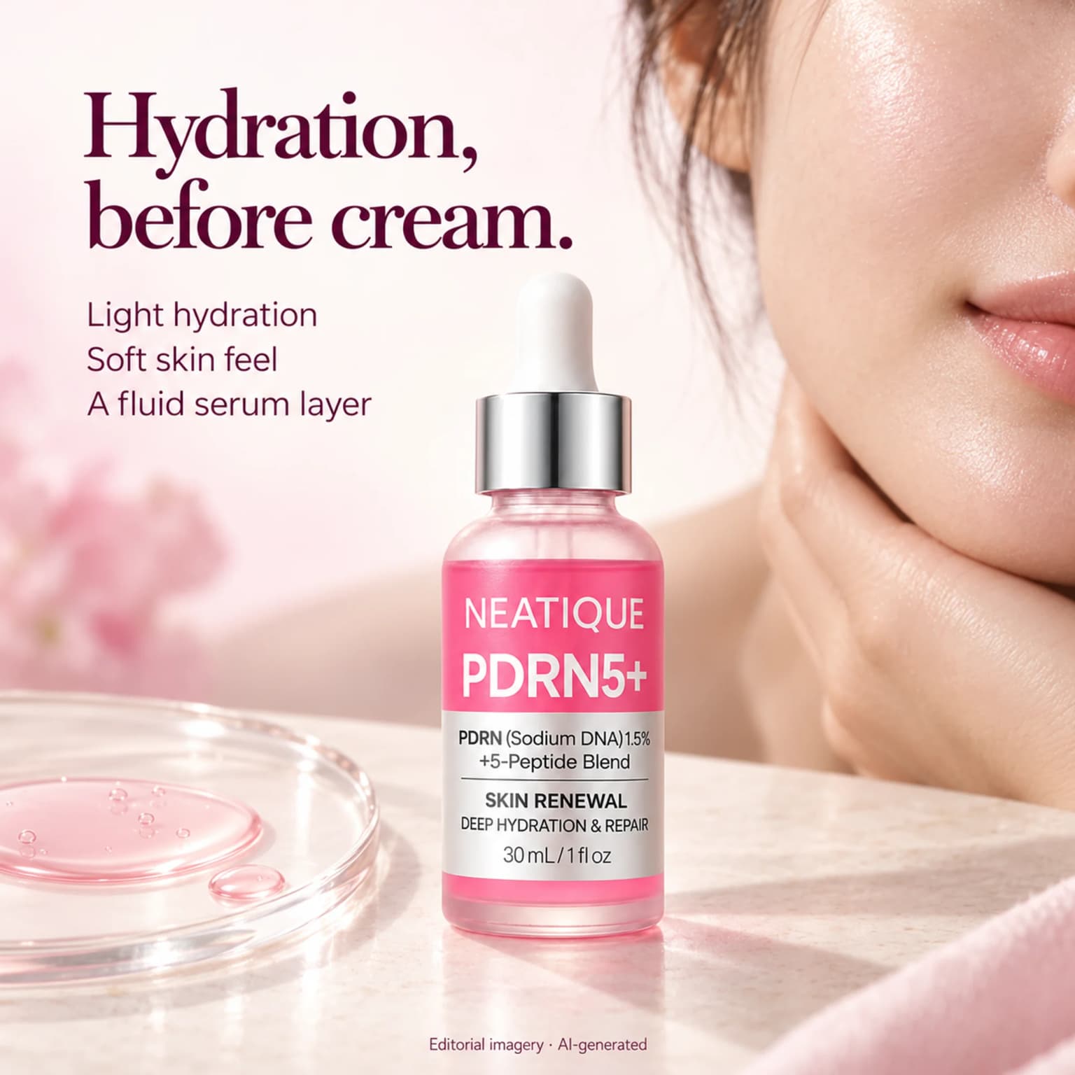 Lightweight hydration and a softer, smoother-looking finish. Editorial skin and serum imagery; individual experiences vary. thumbnail 2