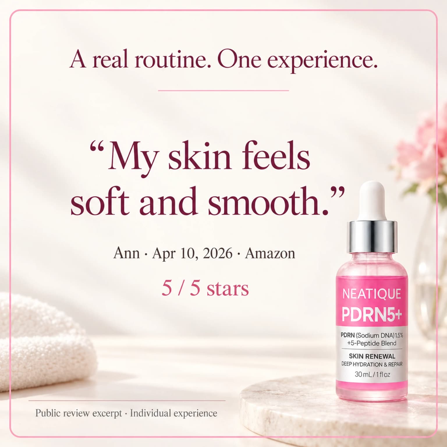 Published customer review excerpt: Ann wrote, My skin feels soft and smooth. April 10, 2026; purchase channel Amazon; individual experience. thumbnail 6