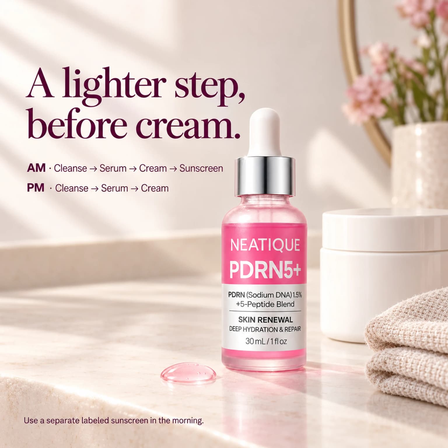 Serum, then moisturizer. Follow with a separate labeled sunscreen in the morning. Your existing moisturizer can fill the cream step. thumbnail 7