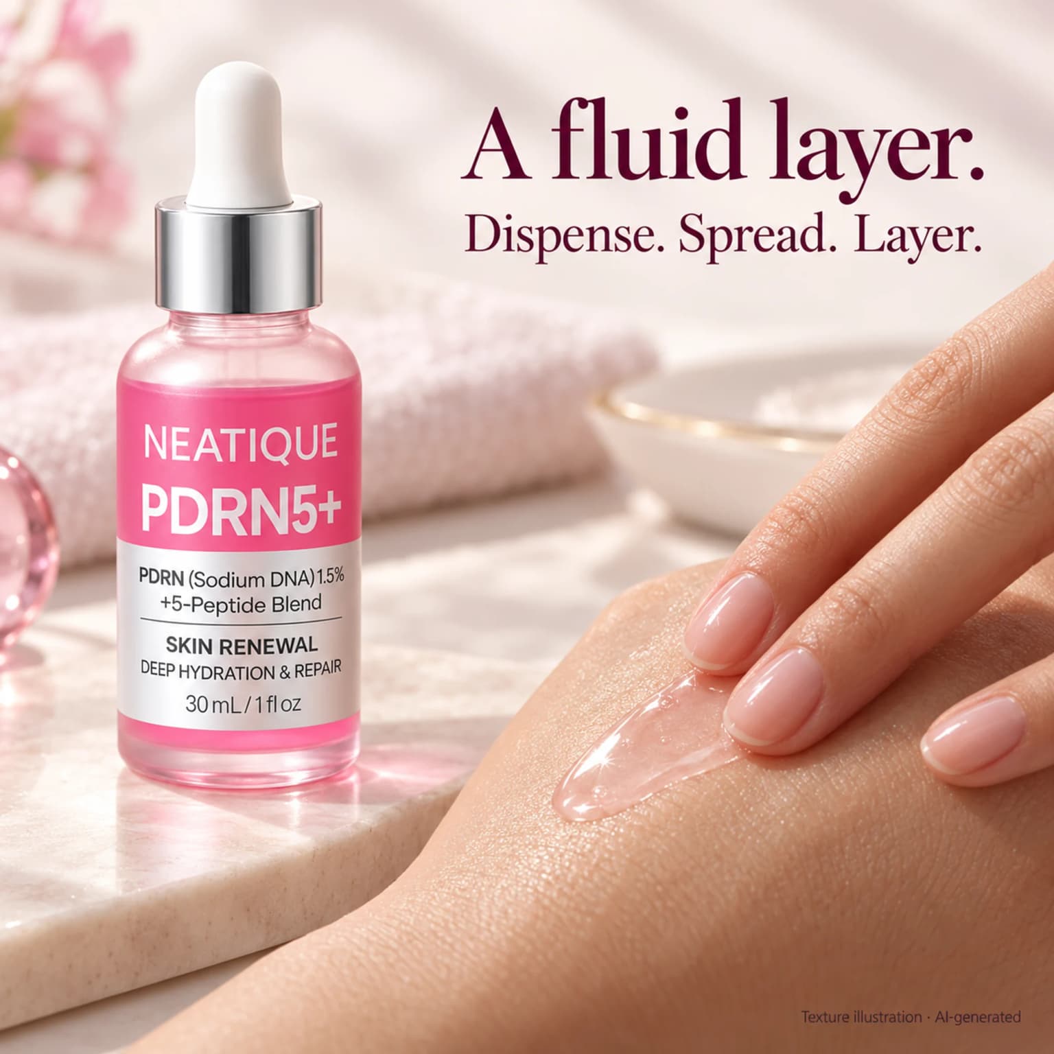 A light pink serum droplet and a thin spread on naturally textured skin. Editorial texture illustration. thumbnail 4