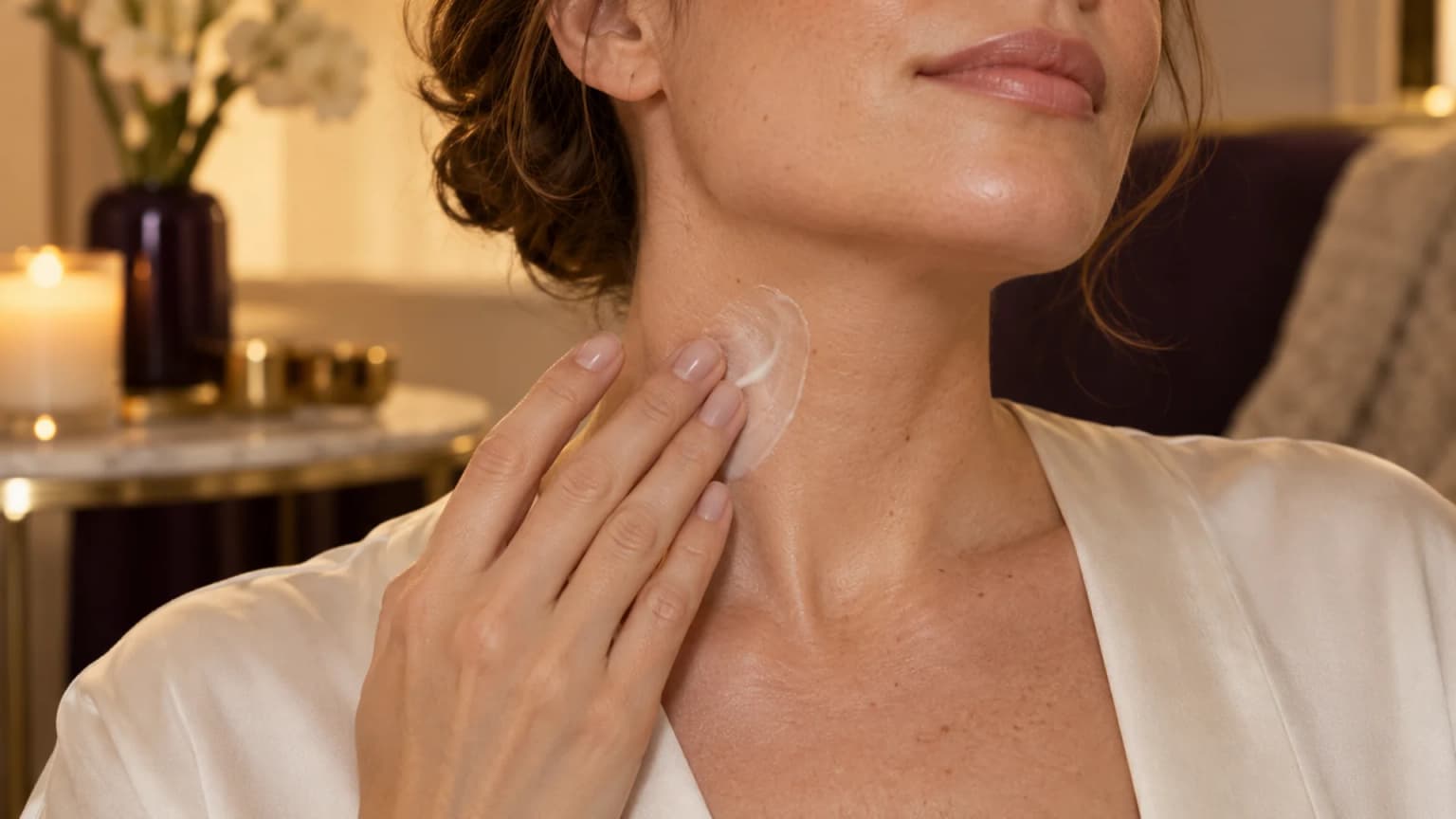 Clean fingers gently massaging a thin ivory cream layer onto a naturally textured neck. Editorial bedtime application illustration.