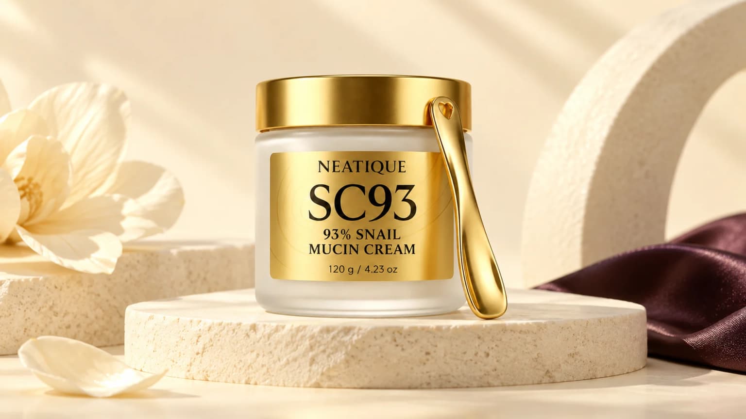 The unchanged SC93 jar and original gold spoon on warm ivory sculptural surfaces with soft butter-yellow light.