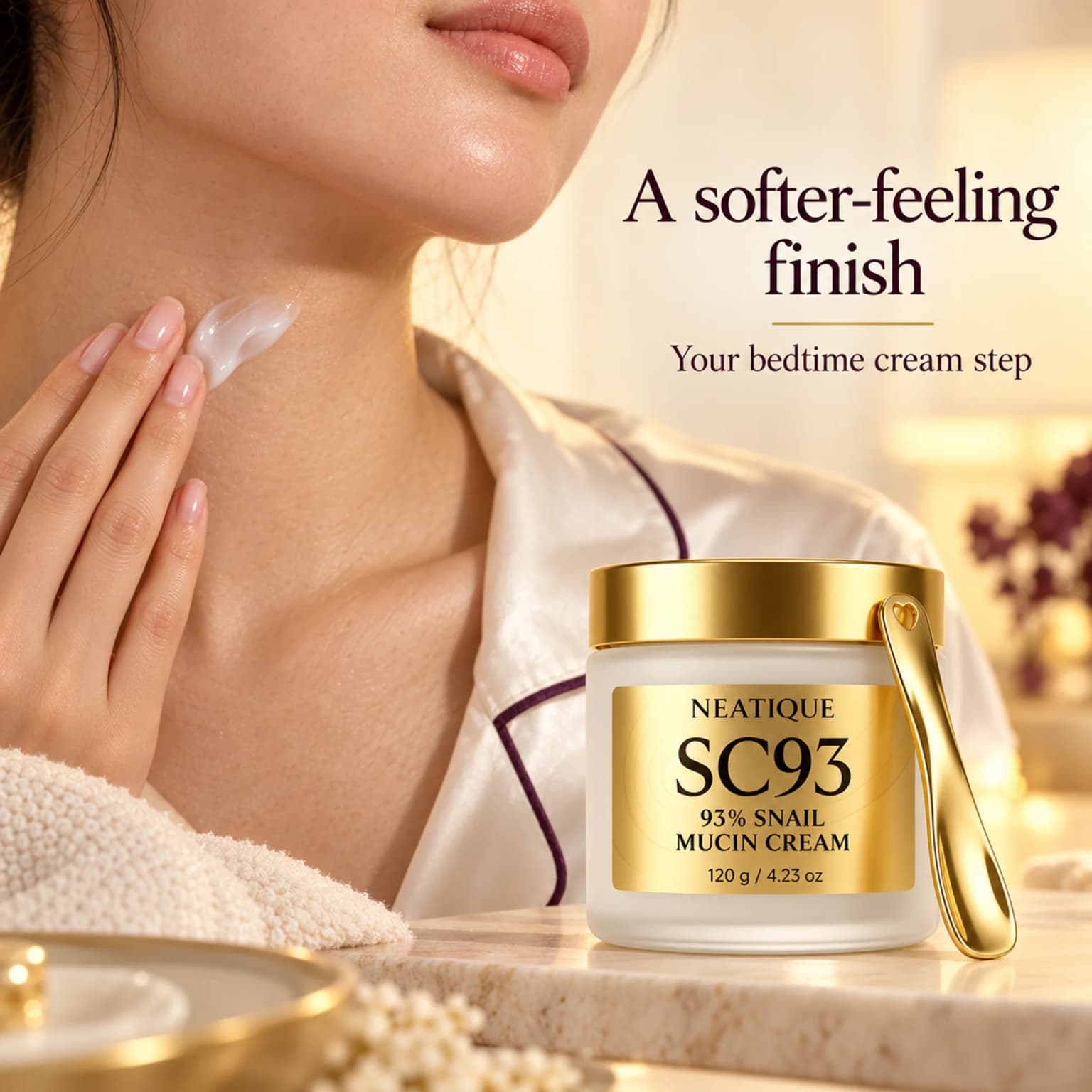 Moisture and a softer-feeling finish before bed: the original SC93 jar with an editorial skin detail. Not a customer result. thumbnail 2