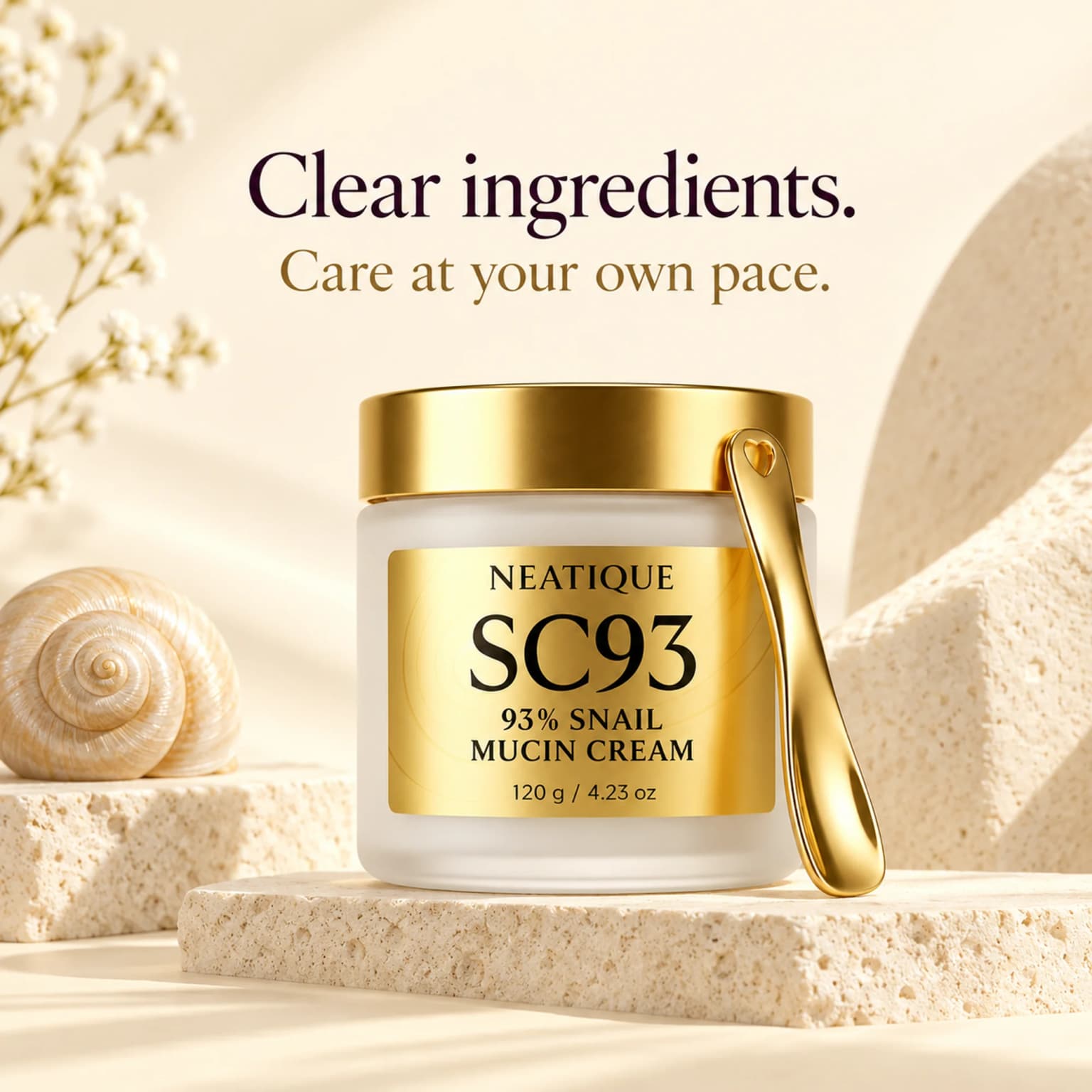 Clear ingredients, a quieter routine: the unchanged SC93 jar and spoon in the Snail Butter Q-Seal setting. thumbnail 8