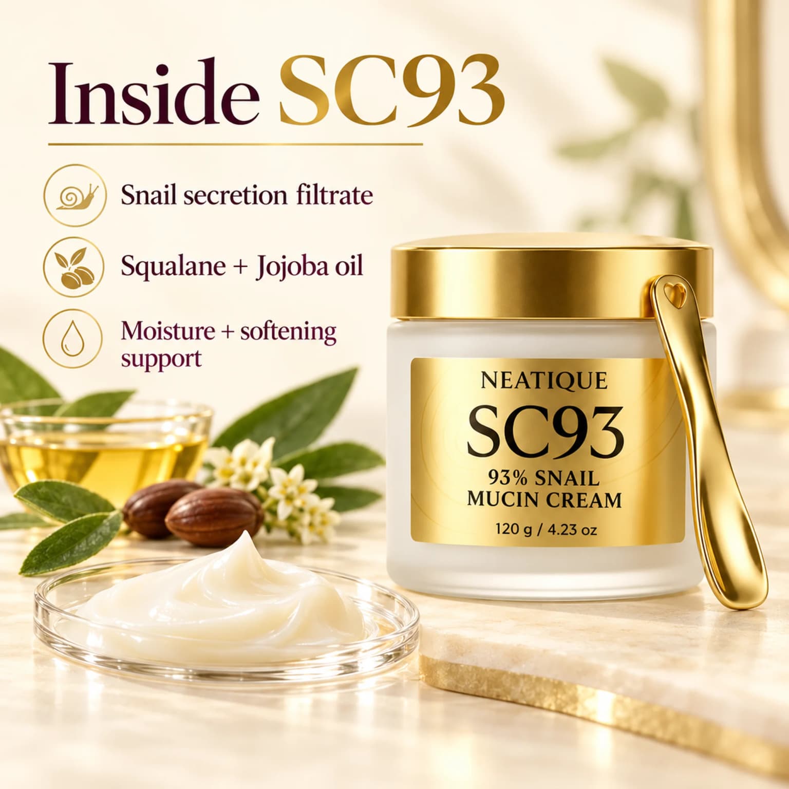 Snail secretion filtrate, squalane and jojoba oil with humectant support. SC93 is the package name; no independently confirmed 93% concentration is inferred. thumbnail 3