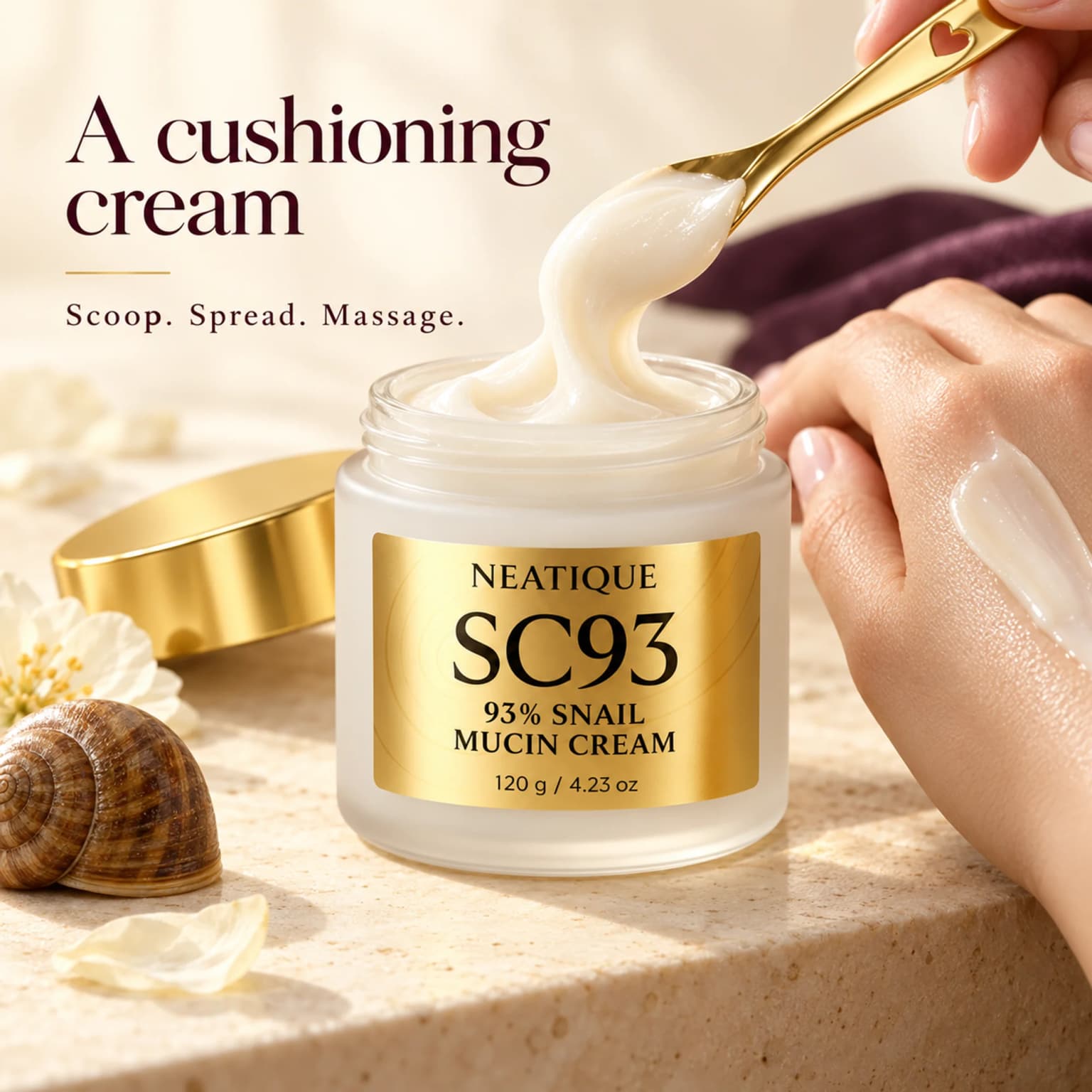 Ivory cream lifted with the original gold spoon and spread into a thin, softly dewy layer. Editorial texture illustration. thumbnail 4