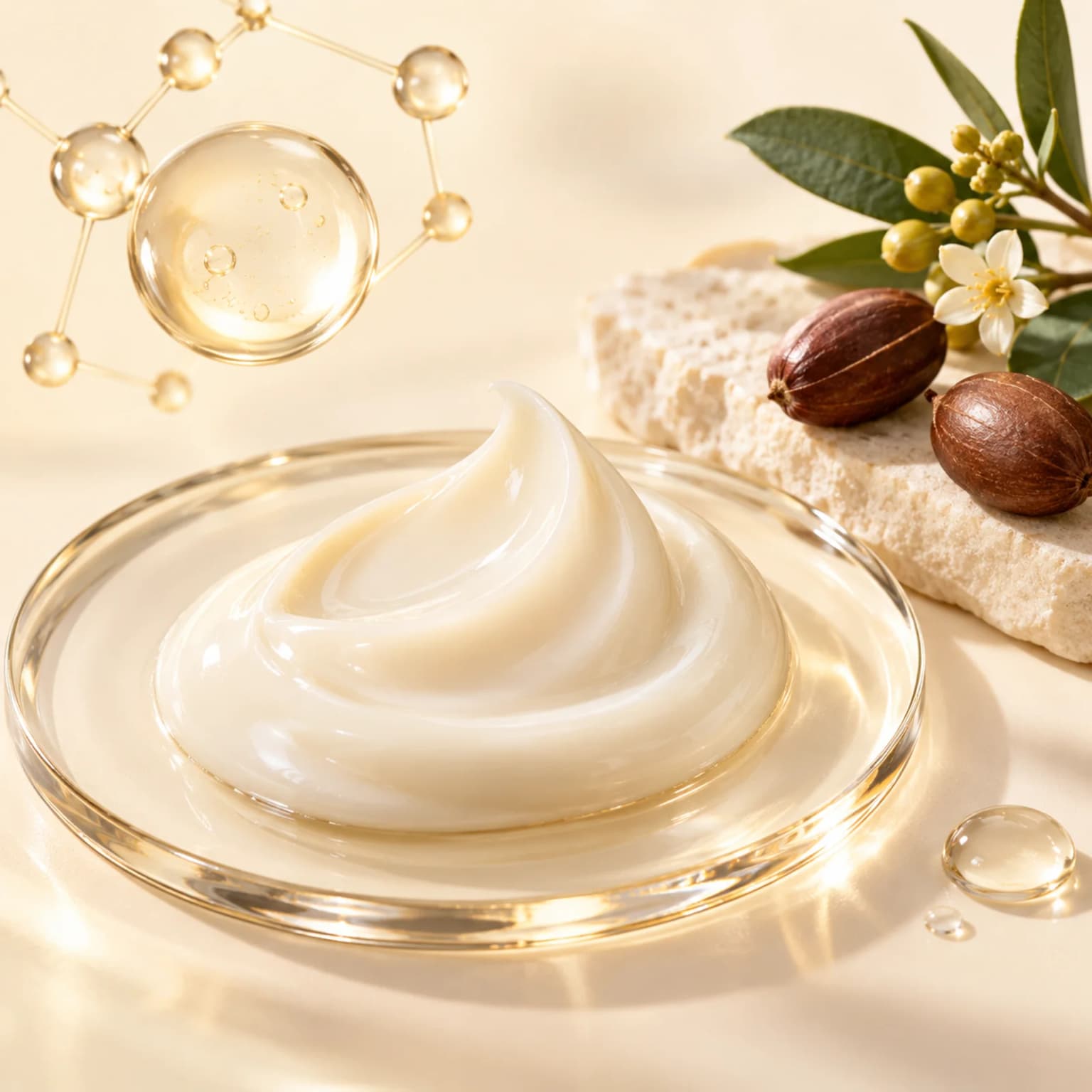 Ivory cream, a clear moisture drop and a subtle jojoba botanical reference on glass. Abstract formula illustration, not measured raw ingredients.