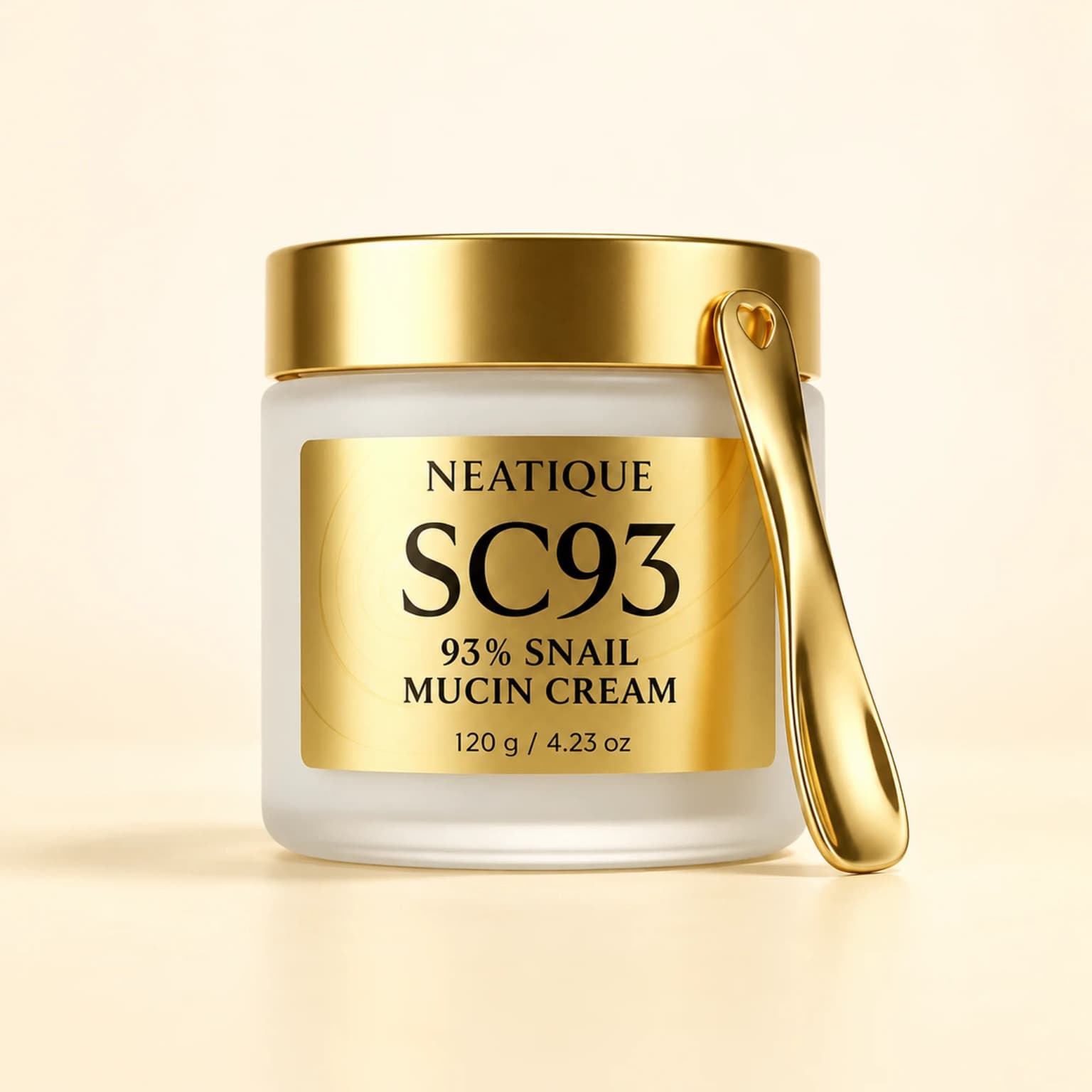 SC93 in its unchanged frosted 120 g jar, gold lid, original 93% Snail Mucin Cream label and gold spatula on warm ivory.