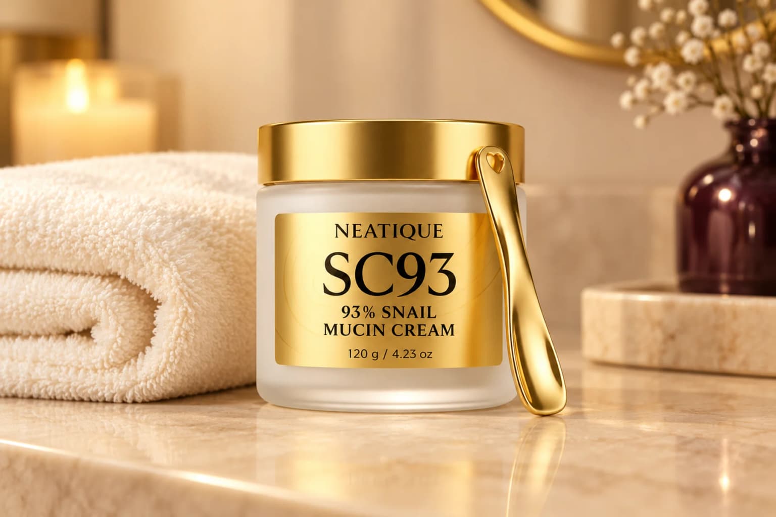 The unchanged SC93 gold-lidded jar and gold spoon beside a folded towel in a quiet evening skincare setting.