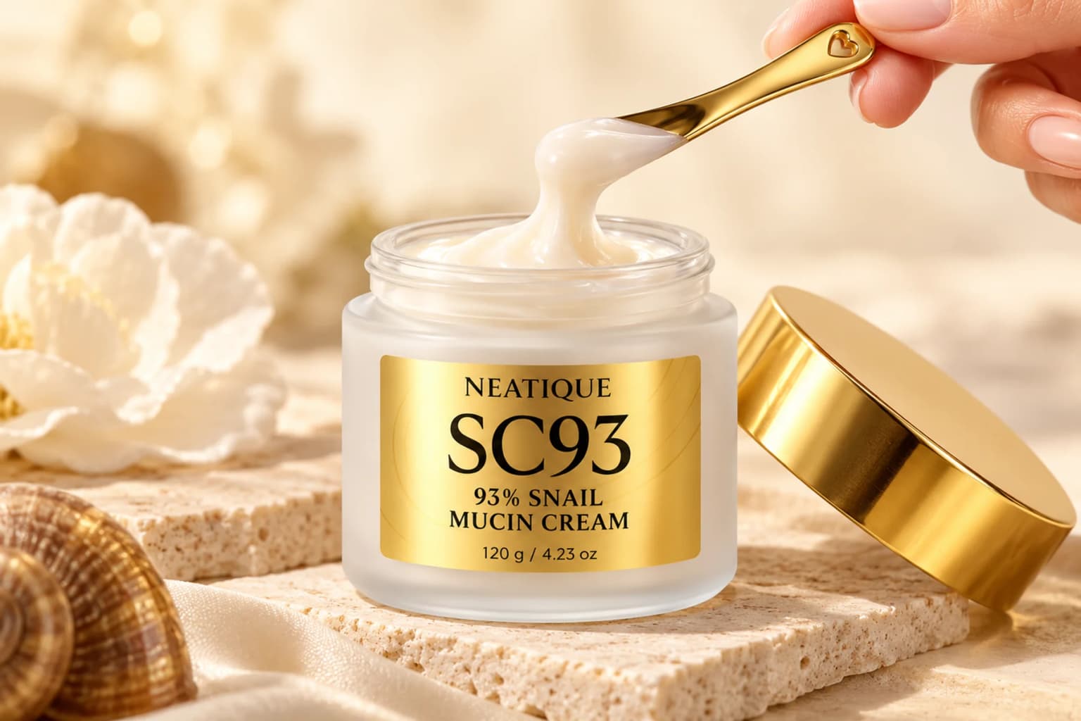The original gold SC93 spatula lifting an ivory cream fold from the unchanged gold-lidded jar. Editorial texture illustration.