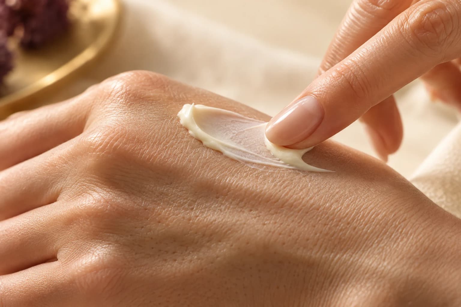 A clean fingertip spreading a small amount of cushiony ivory cream onto naturally textured skin. Editorial illustration.
