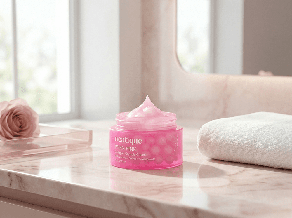 Close-up texture detail of Neatique PDRN Cream showing the soft pink cream finish