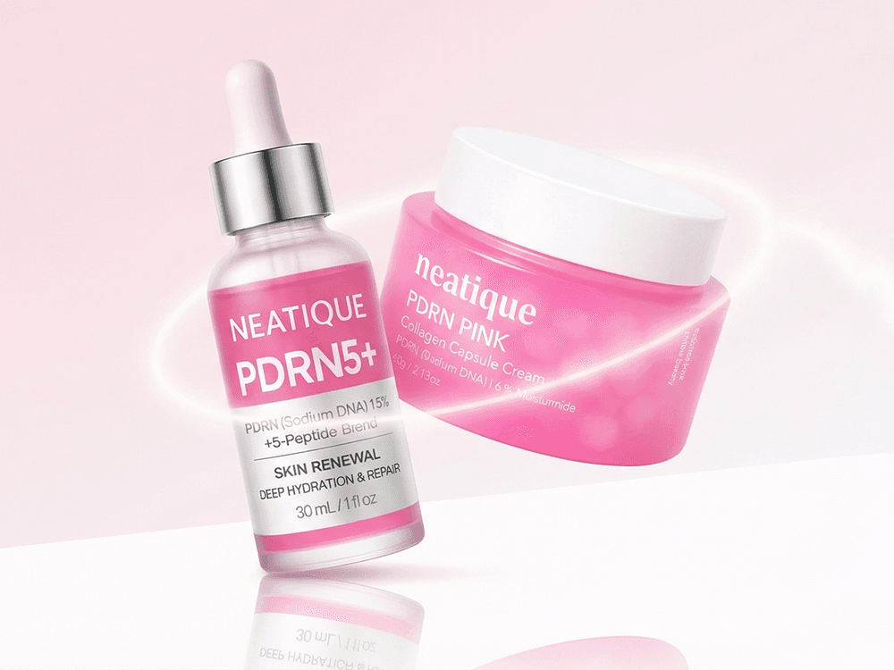 Neatique PDRN Serum and PDRN Cream routine image showing the best pairing order for smoother glowing skin