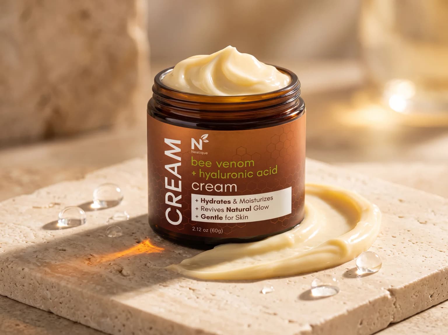 Neatique Bee Venom and Hyaluronic Acid body cream with rich cream texture for dry skin.
