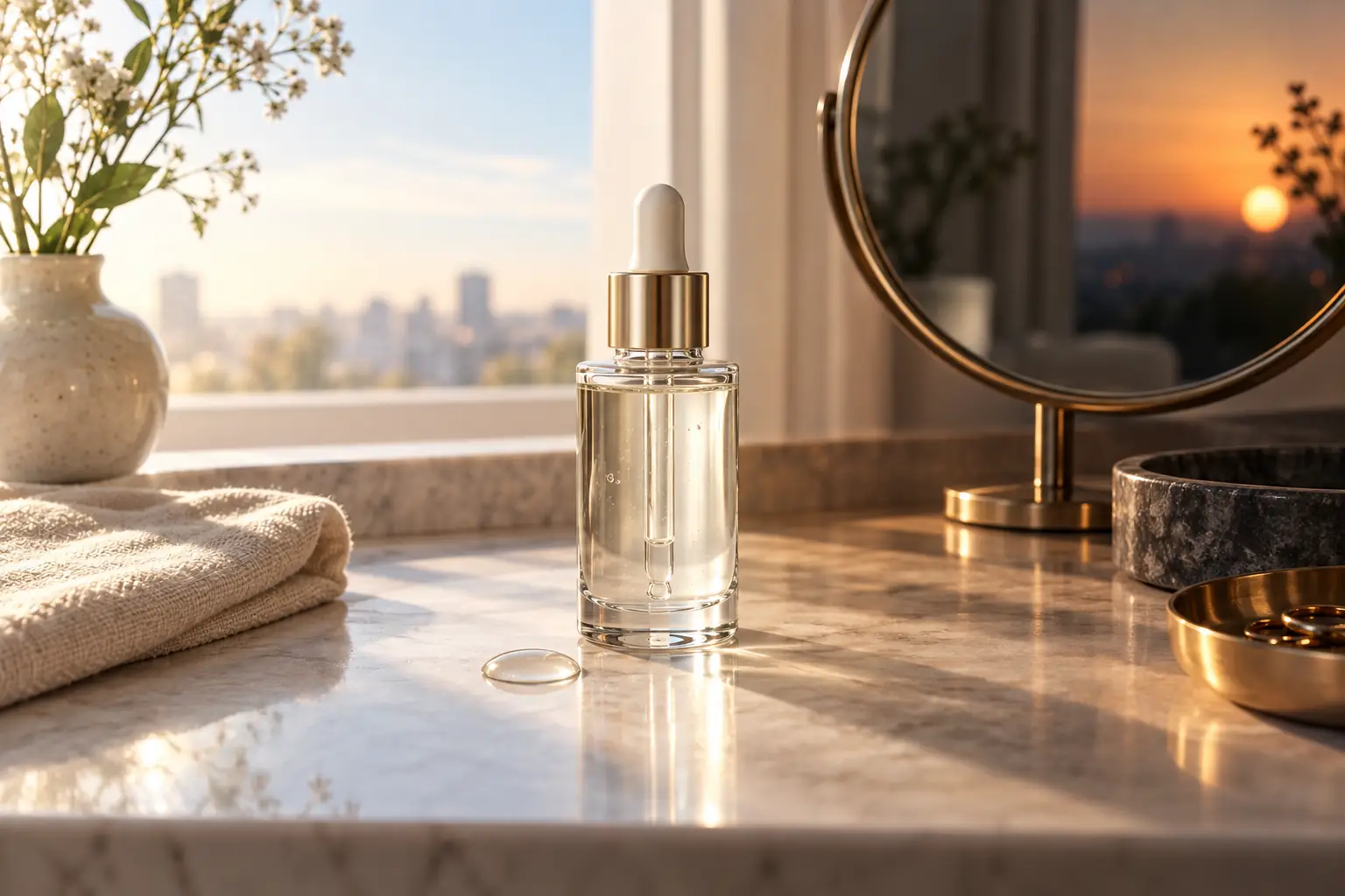 Neatique editorial morning and evening skincare arrangement with a generic serum bottle.