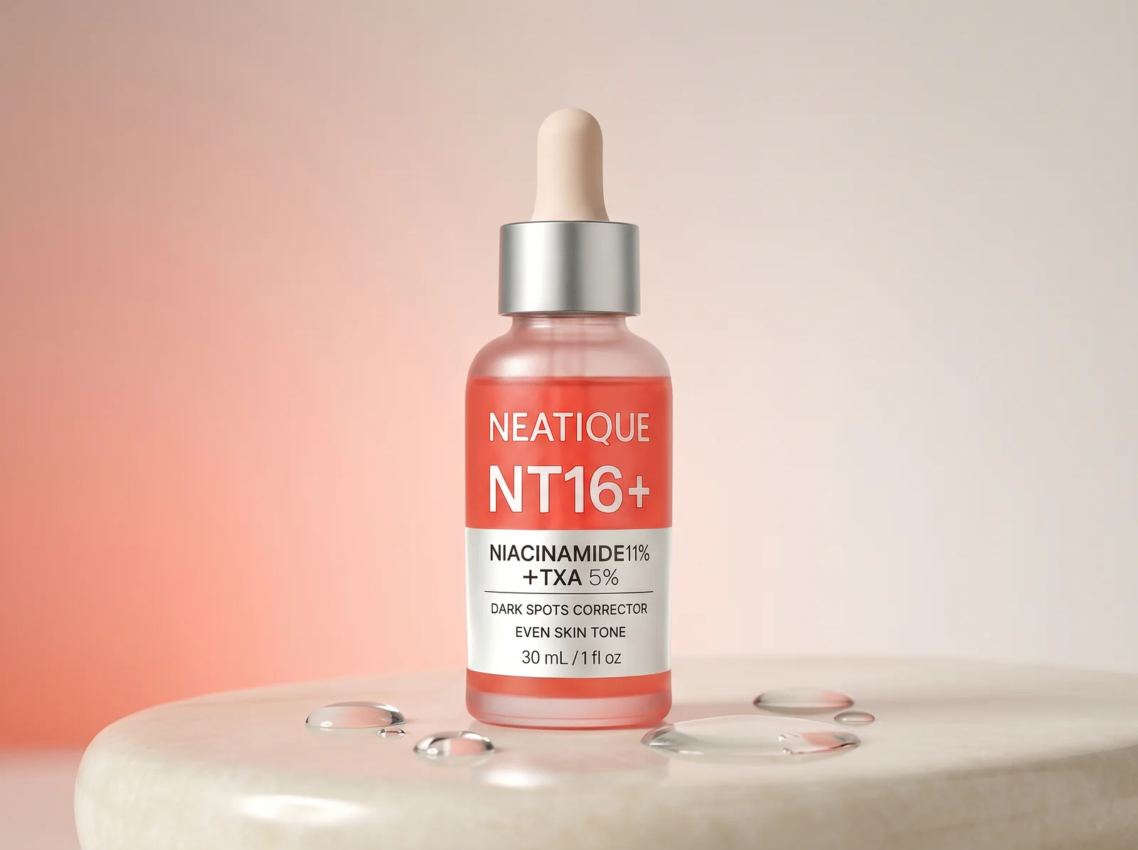 Neatique NT16+ niacinamide and tranexamic serum in a coral and ivory editorial setting.