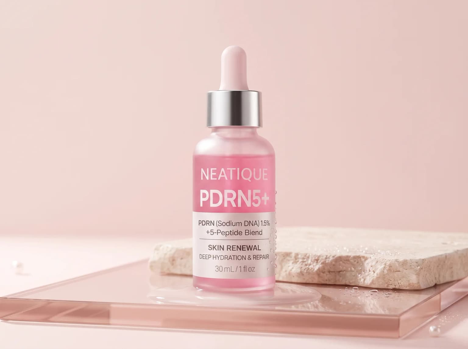 Neatique PDRN5+ peptide serum with moisture droplets and soft pink reflections.