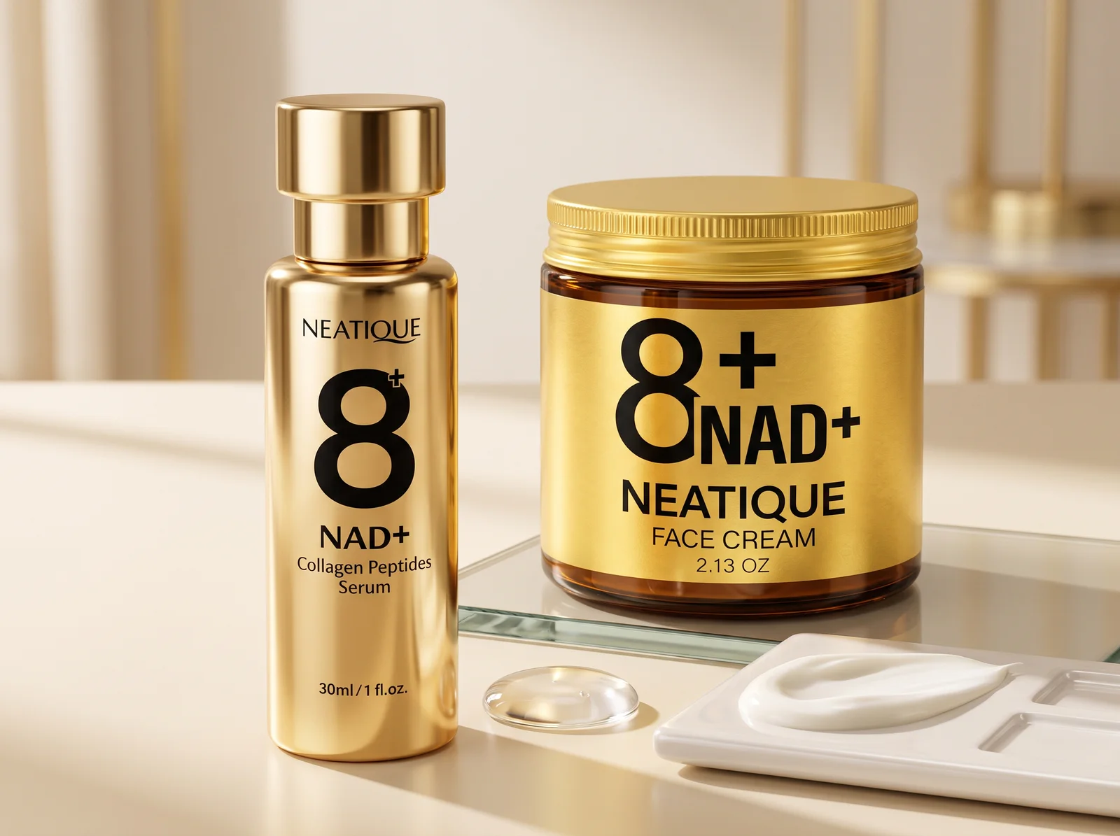 Neatique NAD+ serum and face cream with serum and cream textures illustrating routine order.