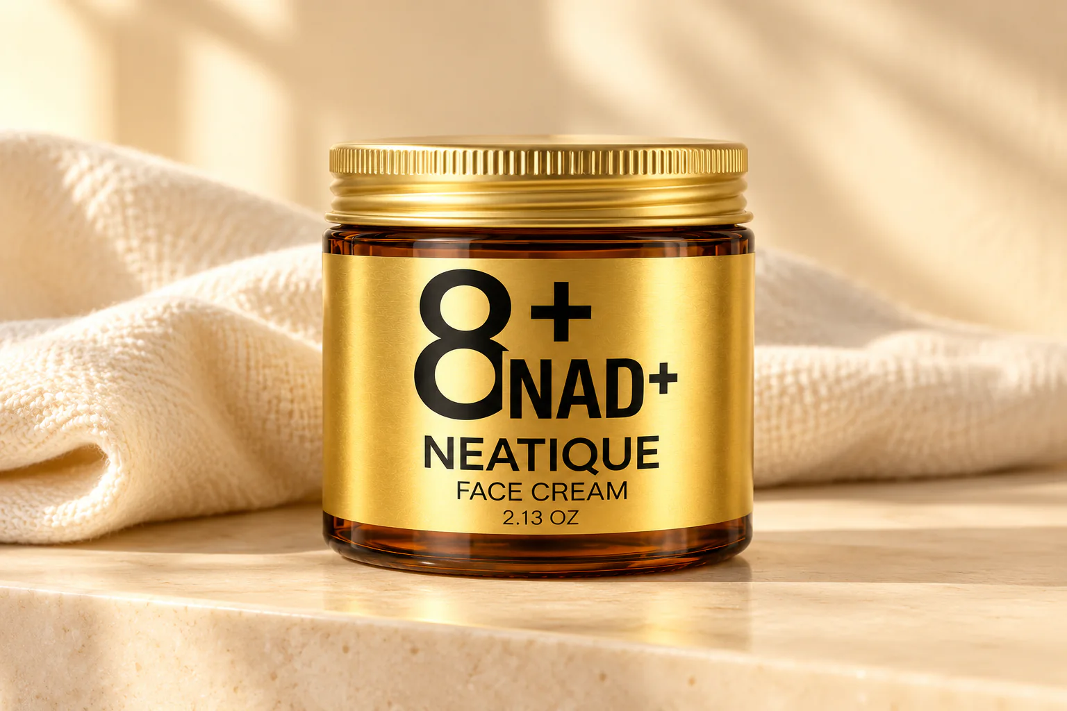 Neatique 8+ NAD+ Face Cream in its labeled amber jar with the ribbed gold lid closed
