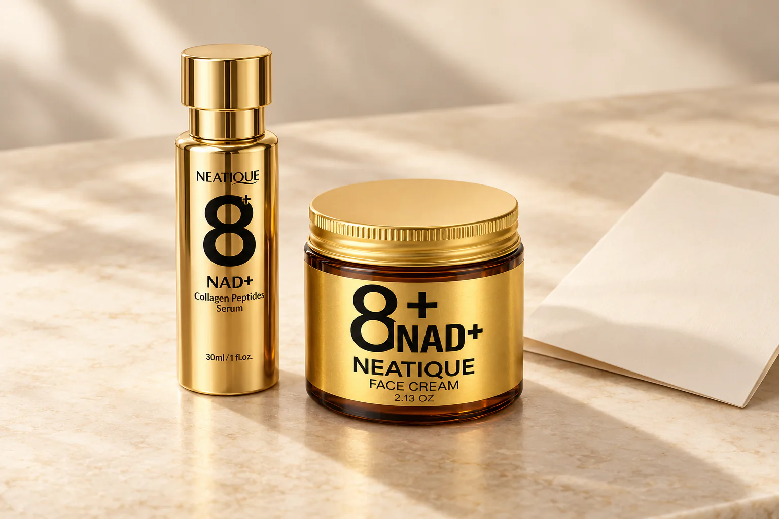 Neatique NAD+ Serum and Face Cream front labels beside a blank information sheet