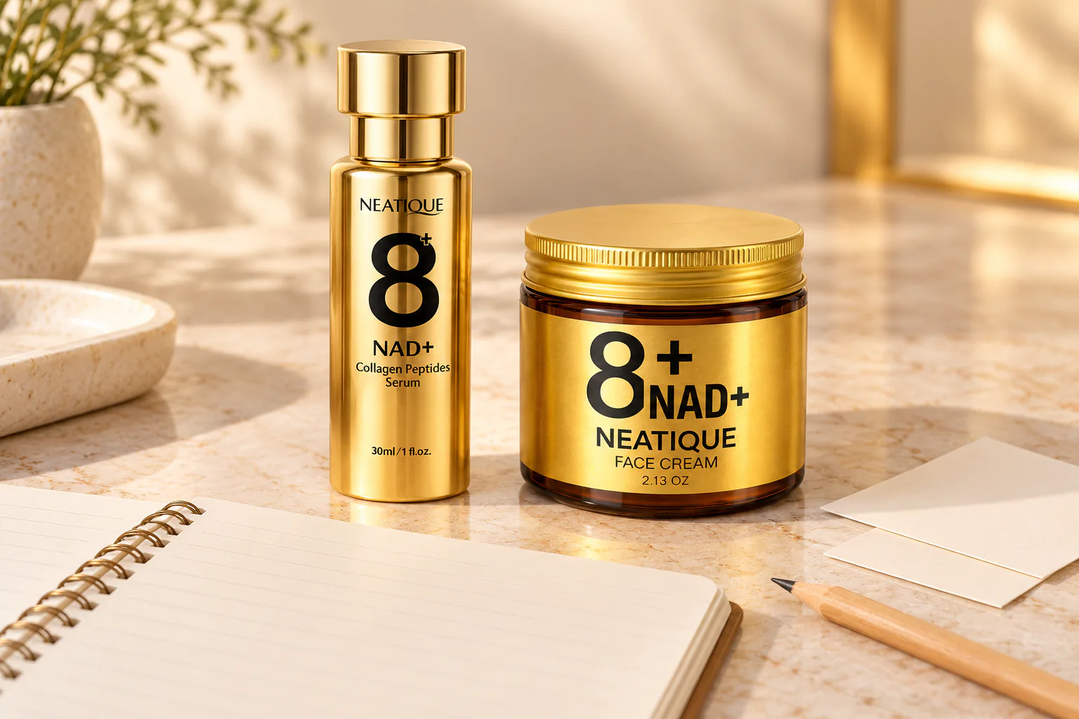 Neatique NAD+ Serum and Face Cream beside blank routine-planning cards and a notebook