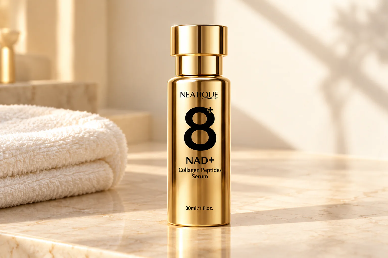 Neatique NAD+ Collagen Peptides Serum standing beside a folded towel for the serum routine step