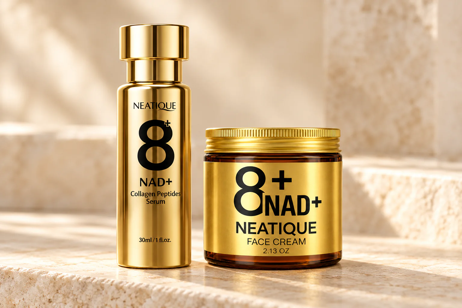 Close view of the Neatique NAD+ Serum and Face Cream front labels and their different package formats