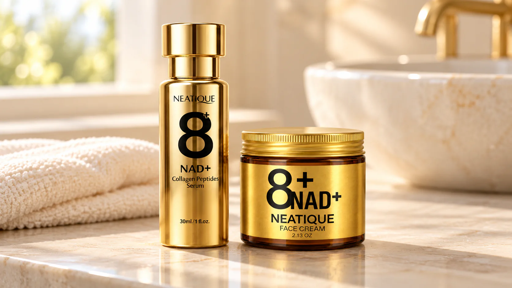 Neatique NAD+ Serum and Face Cream on a bathroom vanity beside a folded cotton towel