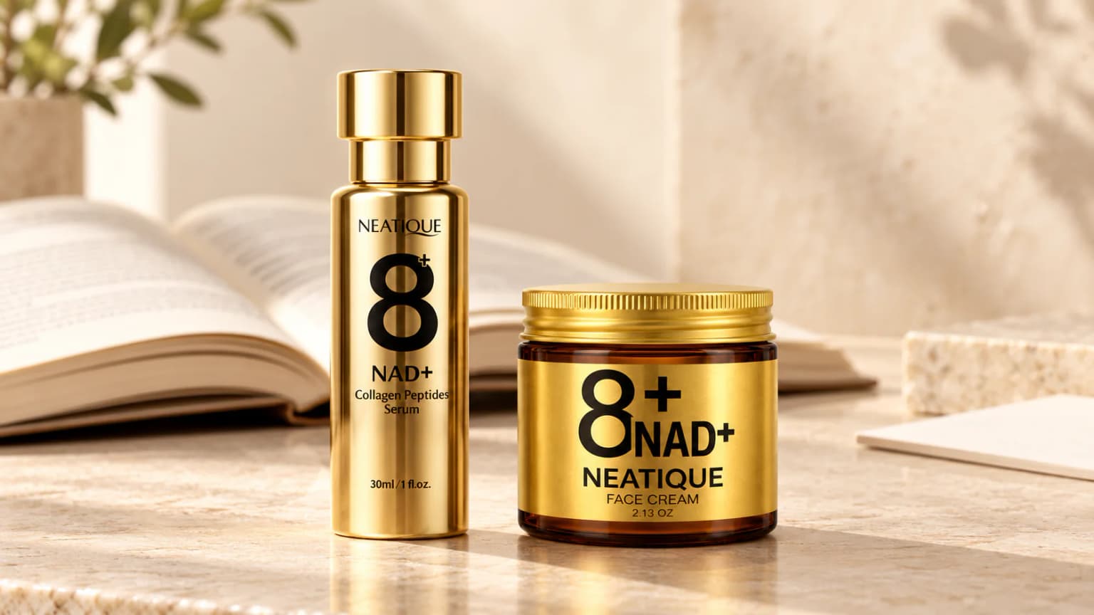 Neatique NAD+ Serum and Face Cream beside an open book on a warm stone reading desk