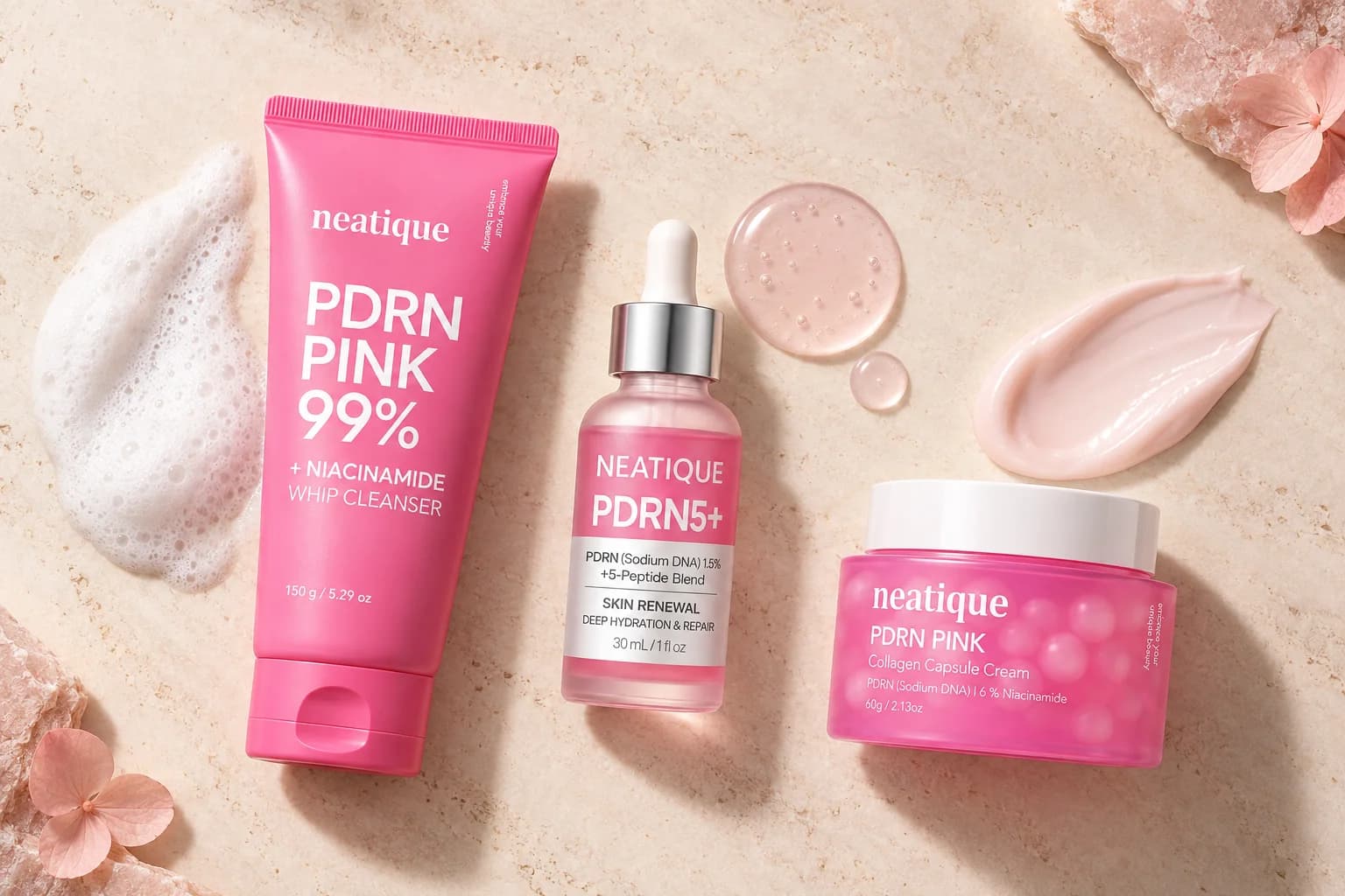 Neatique PDRN cleanser, serum and cream shown beside foam, serum droplets and cream texture.