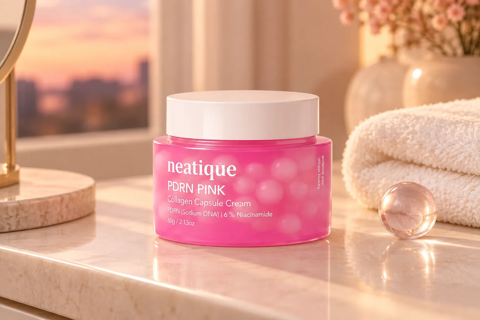 Neatique PDRN Pink Collagen Capsule Cream on a warm ivory vanity in evening light.