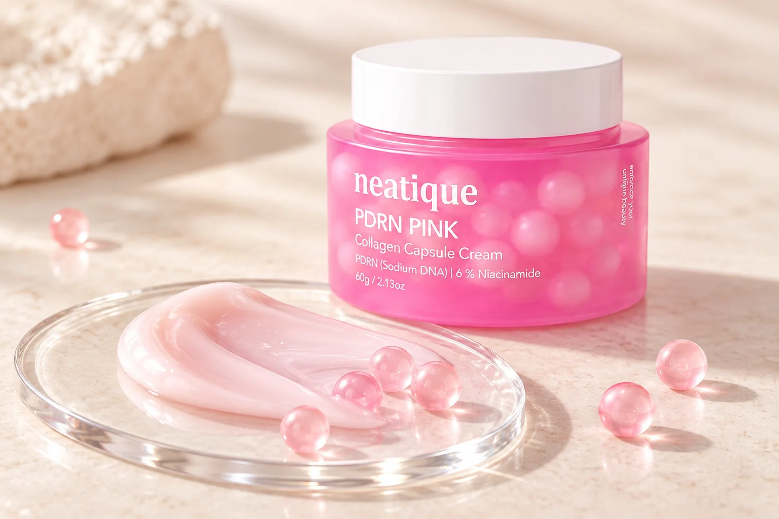 Neatique PDRN Pink Collagen Capsule Cream beside a pale cream ribbon and translucent cosmetic capsule beads.