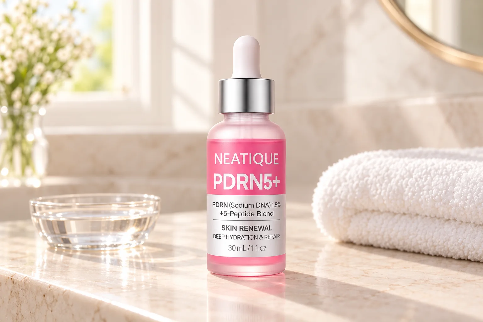 Neatique PDRN5+ Serum bottle on a warm ivory bathroom vanity in morning light.