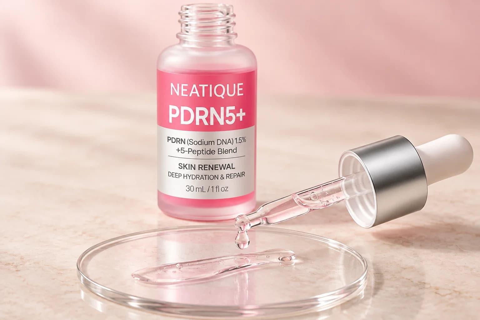 Neatique PDRN5+ Serum with an open dropper and a translucent serum droplet on a glass palette.