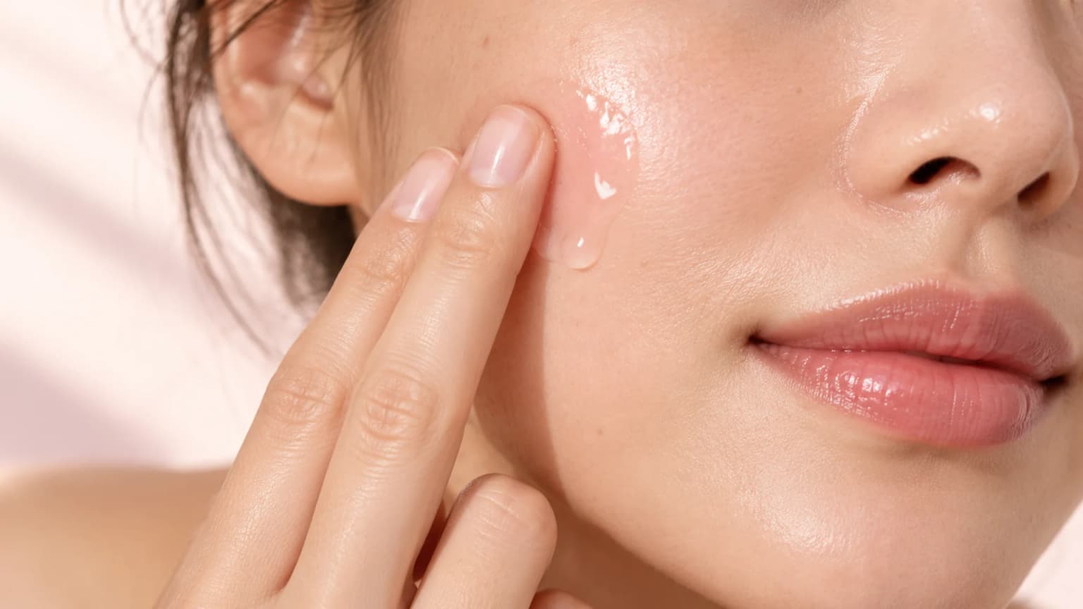 Clean fingertips gently pressing a thin serum layer onto a naturally textured cheek, away from the eyes. Editorial illustration.