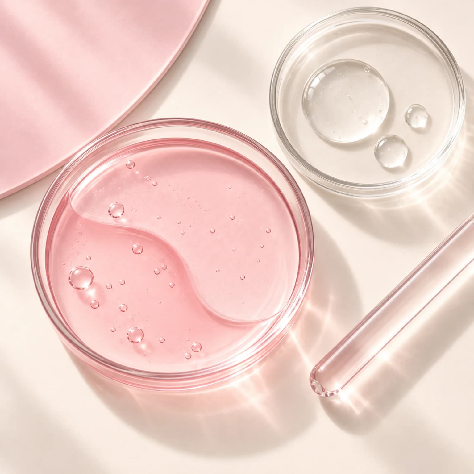Clear glass, hydration droplets and translucent pale pink serum on an ivory surface. Abstract editorial formula still life, not raw active ingredients.