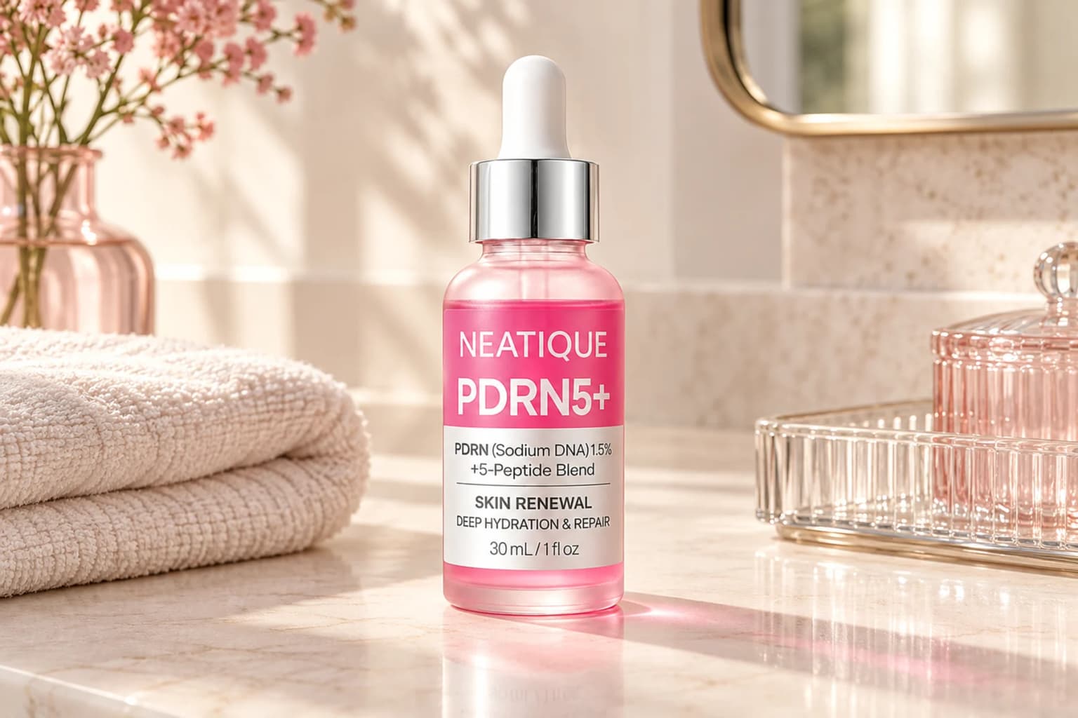 The unchanged original PDRN Serum packaging beside a folded towel on a warm ivory bathroom counter.