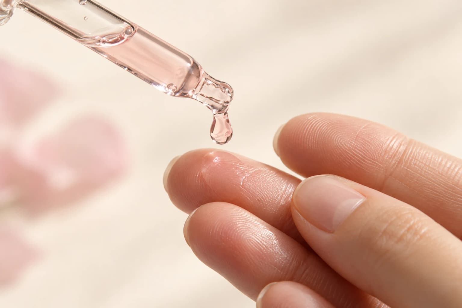 A close-up of a glass dropper dispensing pale pink serum onto clean fingertips. Editorial texture illustration.